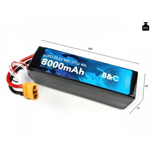 Аккумулятор LiPo B&C - 22.2v 8000мАч 90C (6S, Softcase, разъём XT-90)