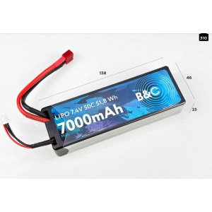 Аккумулятор Li-Po 7000 MAH 7.4v (2s), 50C, T-Plug, Hardcase B&C-7000-2S-50-H-T