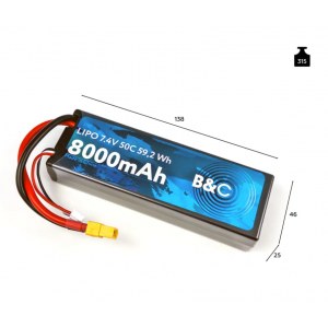 Аккумулятор Li-po B&C 8000 MAH 7.4v (2s), 50C, XT60, Hardcase B&C-8000-2S-50-H-XT60