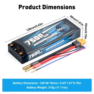 Аккумулятор Li-po B&C 7500 MAH 7.6v (2s HV), 120C, 4mm + XT60, Hardcase — фото 2