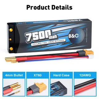 Аккумулятор Li-po B&C 7500 MAH 7.6v (2s HV), 120C, 4mm + XT60, Hardcase — фото 3