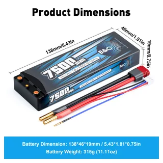 Аккумулятор Li-po B&C 7500 MAH 7.6v (2s HV), 120C, 4mm + T-Plug, Hardcase — фото 2