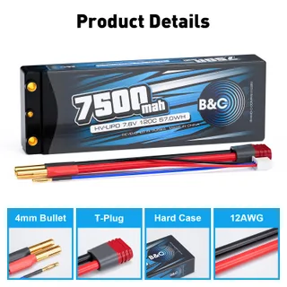 Аккумулятор Li-po B&C 7500 MAH 7.6v (2s HV), 120C, 4mm + T-Plug, Hardcase — фото 3