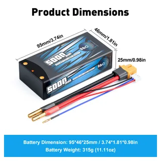 Аккумулятор Li-po B&C 5000 MAH 7.6v (2s HV) 120c, 4мм + XT60 (Short pack) Hardcase — фото 2