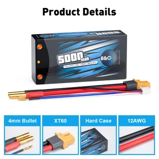 Аккумулятор Li-po B&C 5000 MAH 7.6v (2s HV) 120c, 4мм + XT60 (Short pack) Hardcase — фото 3