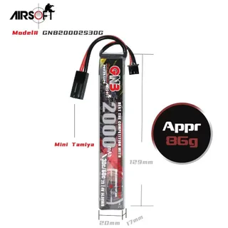 Аккумулятор для страйкбола Li-po Gaoneng GNB 2000MAH 2S1P 7.4V 30C 17x20x129mm Mini Tamiya — фото 2
