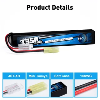 Аккумулятор для страйкбола Li-po B&C 1350 MAH 7.4V (2s) 30C, Mini Tamiya, Soft case — фото 3