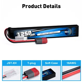 Аккумулятор для страйкбола Li-po B&C 1250 MAH 7.4V (2s) 30C, T-plug, Soft case — фото 3