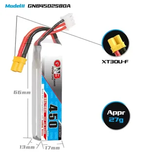 Аккумулятор Li-po Gaoneng GNB 450mah 2S1P 7.4V 80C 14x18x63mm XT30 — фото 2