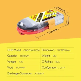 Аккумулятор Li-po Gaoneng GNB 1550mah 2S1P 7.4V 100C 18x34x70mm XT60 — фото 3