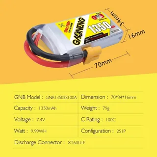 Аккумулятор Li-po Gaoneng GNB 1350mah 2S1P 7.4V 100C 16x34x70mm — фото 4