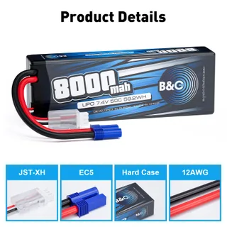 Аккумулятор Li-po B&C 8000 MAH 7.4v (2s), 50C, EC5, Hardcase — фото 3