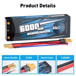 Аккумулятор Li-po B&C 6000 MAH 7.4v (2s), 90C, 4мм + XT60, Hard case — фото 3