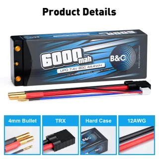 Аккумулятор Li-po B&C 6000 MAH 7.4v (2s), 90C, 4мм + TRX, Hard case — фото 3
