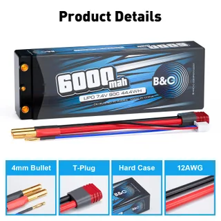 Аккумулятор Li-po B&C 6000 MAH 7.4v (2s), 90C, 4мм + T-Plug, Hard case — фото 3