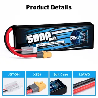 Аккумулятор Li-po B&C 5000 MAH 7.4v (2s), 50C, XT60, Soft case — фото 3