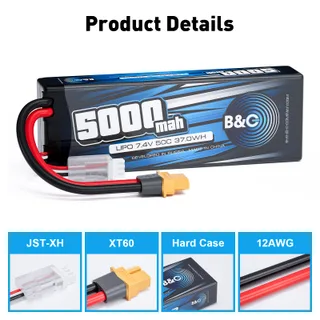 Аккумулятор Li-po B&C 5000 MAH 7.4v (2s), 50C, XT60, Hard case — фото 3
