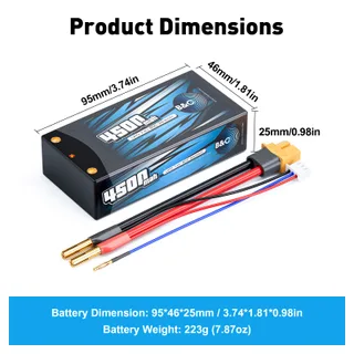 Аккумулятор Li-po B&C 4500 MAH 7.4v (2s) 90С, 4мм + XT60 (Short pack), Hardcase — фото 2