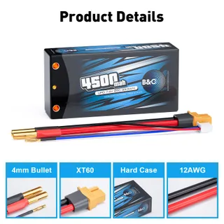 Аккумулятор Li-po B&C 4500 MAH 7.4v (2s) 90С, 4мм + XT60 (Short pack), Hardcase — фото 3