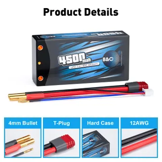 Аккумулятор Li-po B&C 4500 MAH 7.4v (2s) 90С, 4мм + T-Plug (Short pack), Hardcase — фото 3