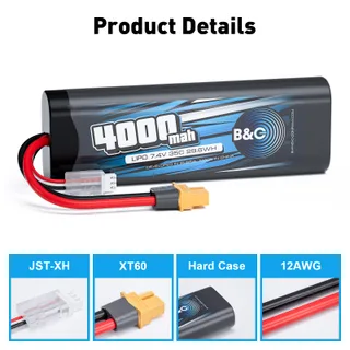Аккумулятор Li-po B&C 4000 MAH 7.4v (2s) 35C, XT60, Закругленный-Hard case — фото 3