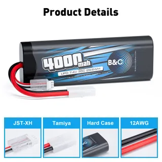 Аккумулятор Li-po B&C 4000 MAH 7.4v (2s) 35C, Tamiya, Закругленный-Hard case — фото 3