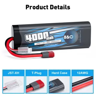 Аккумулятор Li-po B&C 4000 MAH 7.4v (2s) 35C, T-plug, Закругленный-Hard case — фото 3
