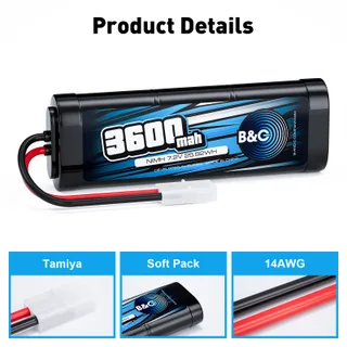 Аккумулятор NiMH B&C 6-Cells 3600 MAH 7.2V , Tamiya — фото 3