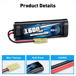 Аккумулятор NiMH B&C 6-Cells 1600 MAH 7.2V , Mini Tamiya — фото 3