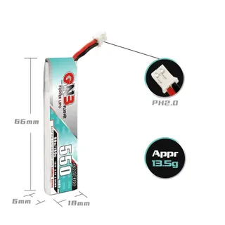 Аккумулятор Li-Po Gaoneng GNB 550mah 1S1P 3.7V 90C PH2.0 6x18x66mm — фото 2