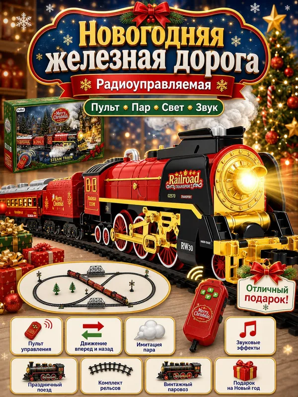 Железная дорога Новогодний поезд (свет, пульт, пар)